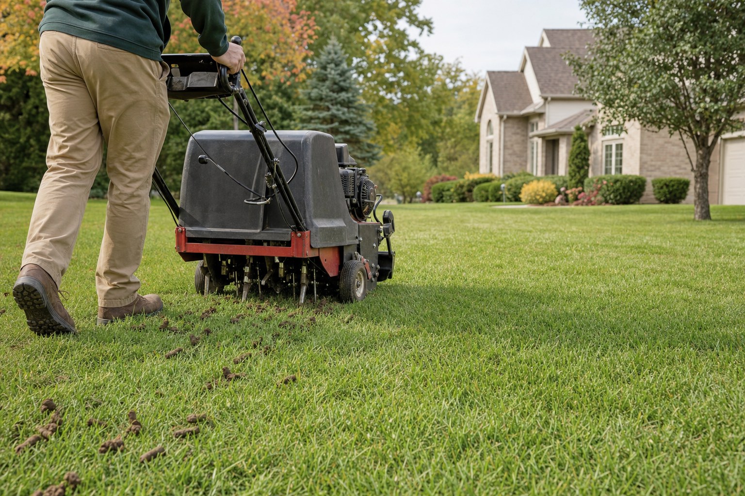 A core aerator moving across a residential lawn