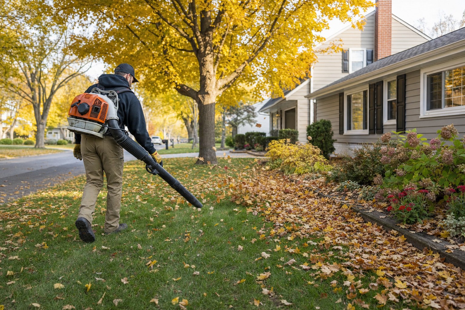 A lawn-care worker clearing fall leaves beside a garden bed