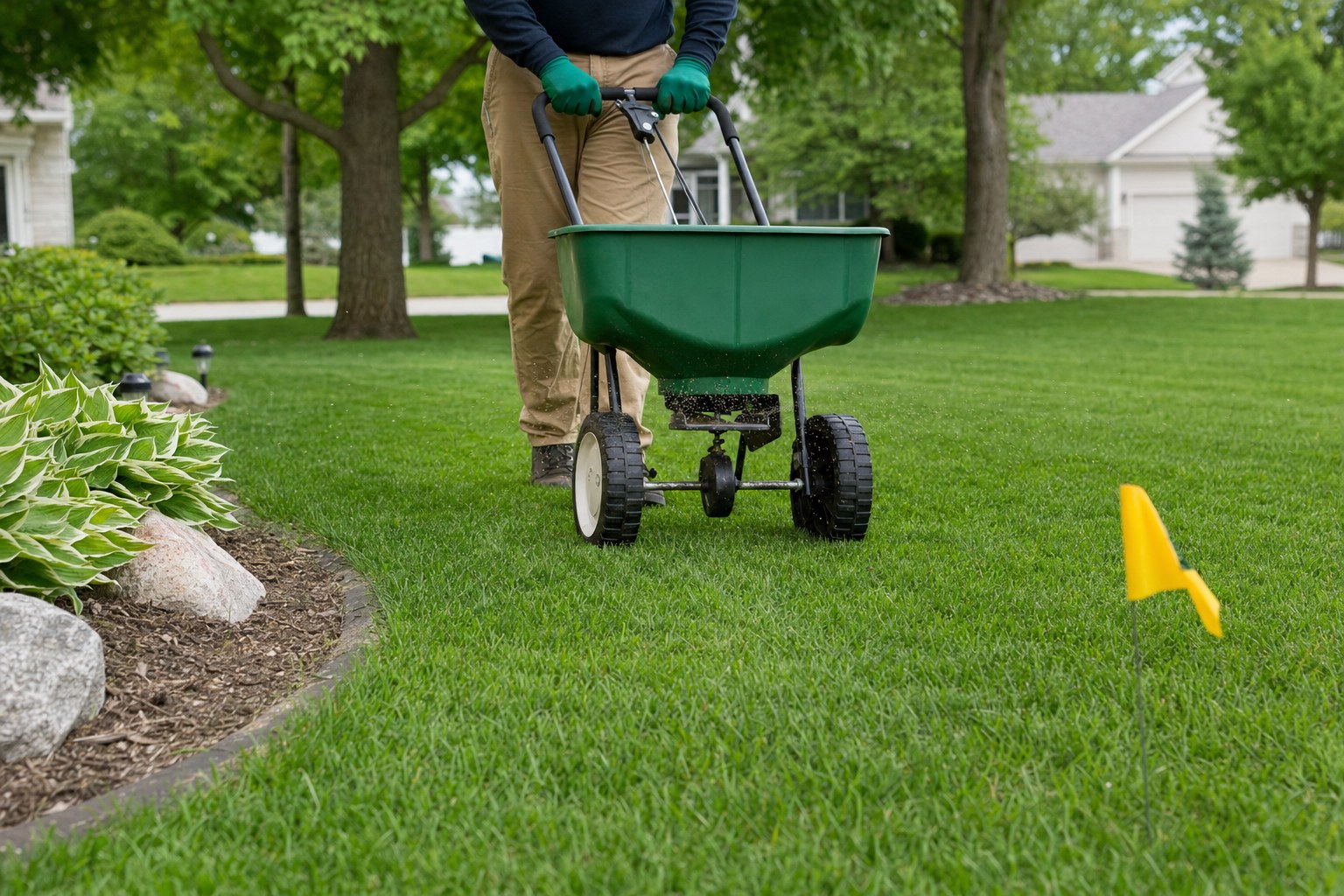 A technician applying fertilizer with a spreader beside a yellow yard flag
