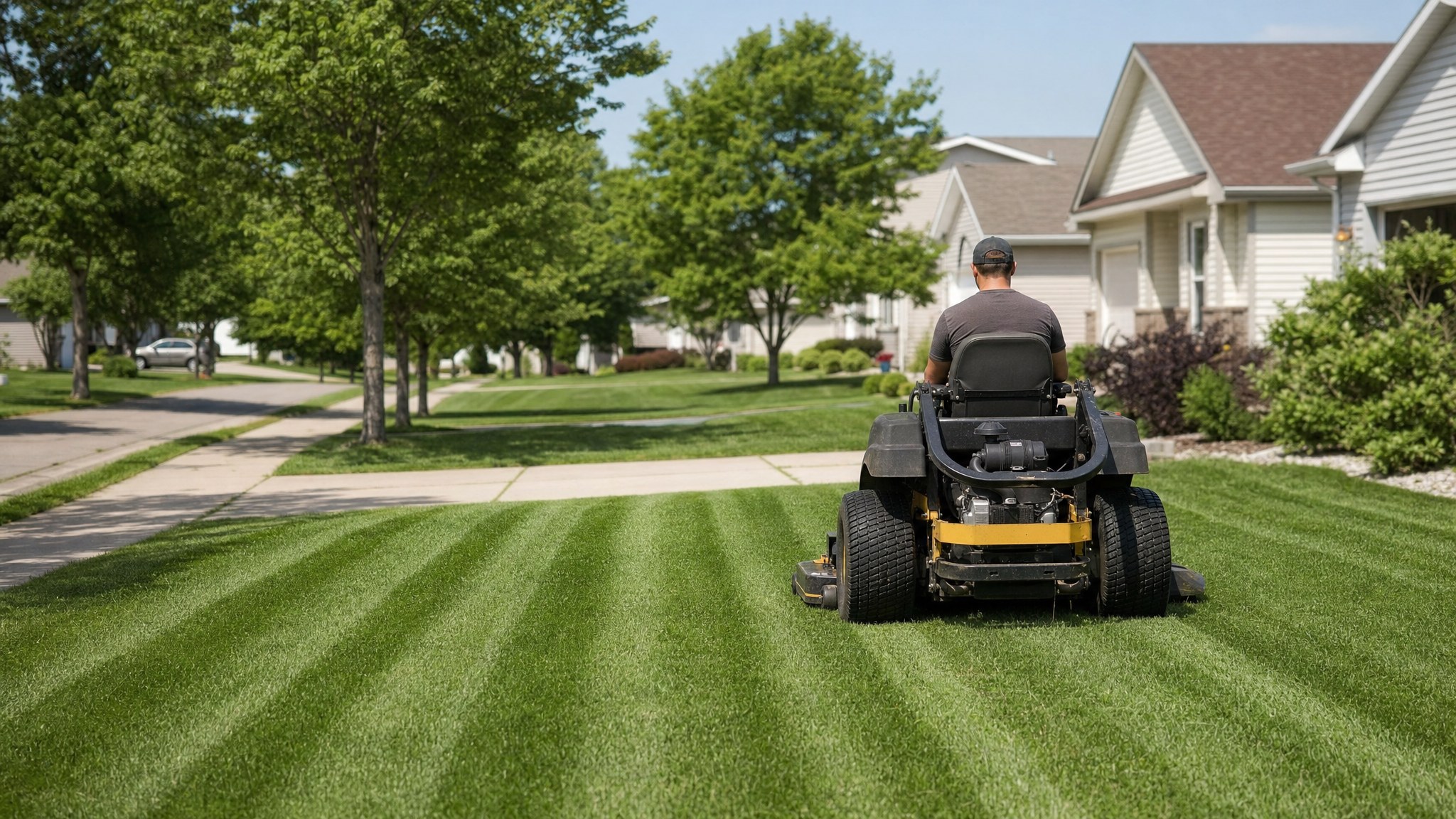 A mower creating crisp stripes across a suburban lawn