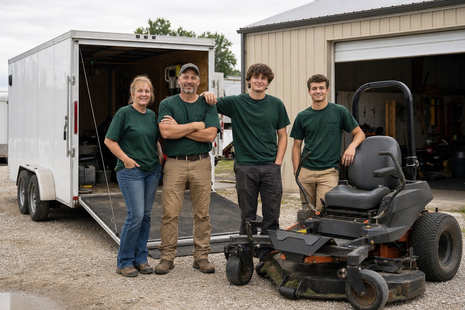 A lawn-care crew standing beside a trailer and mowing equipment