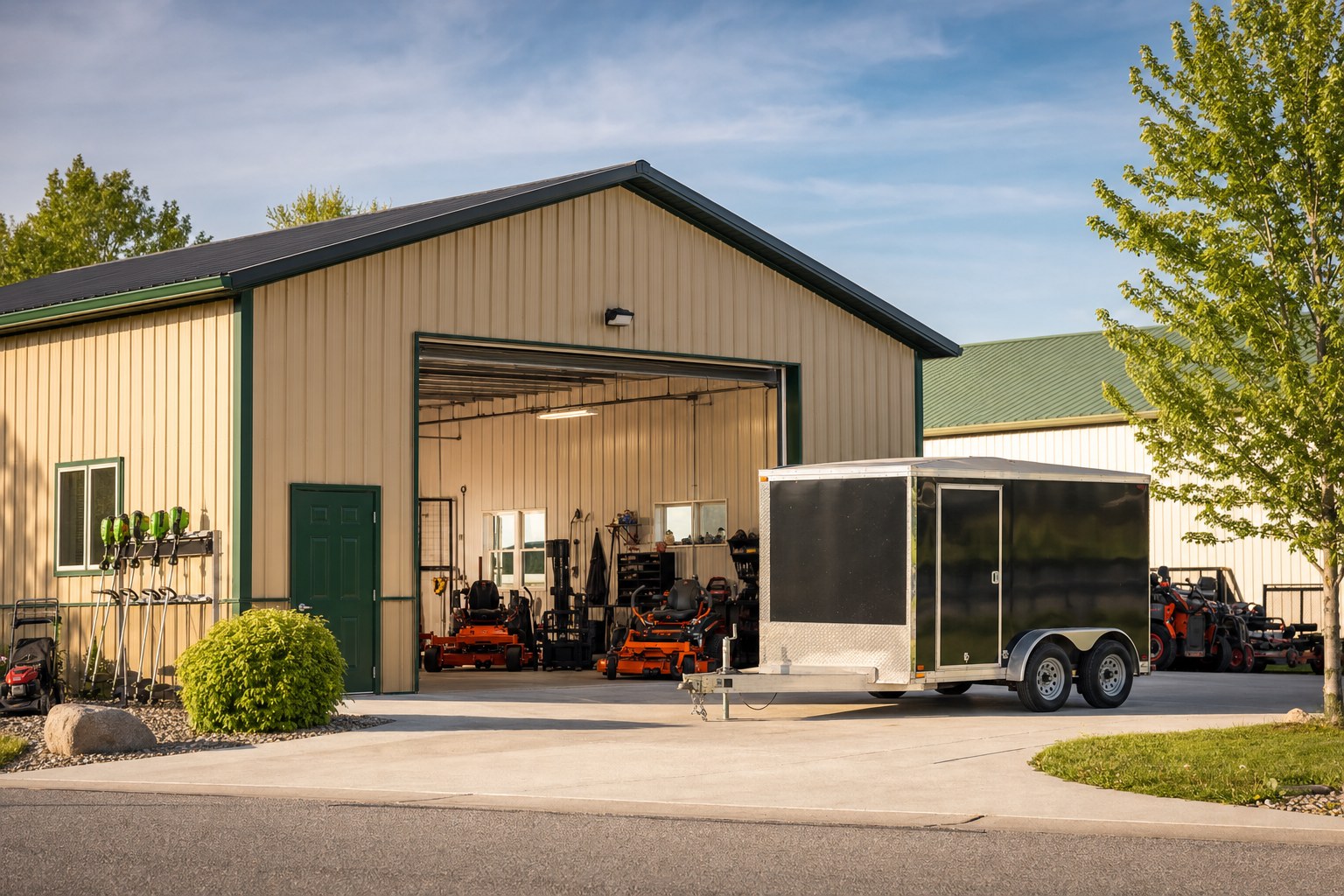 An open lawn-care shop bay with equipment and a trailer parked in front