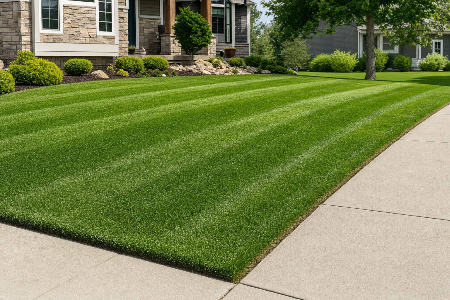 A neatly striped front lawn with crisp edges along a driveway and sidewalk