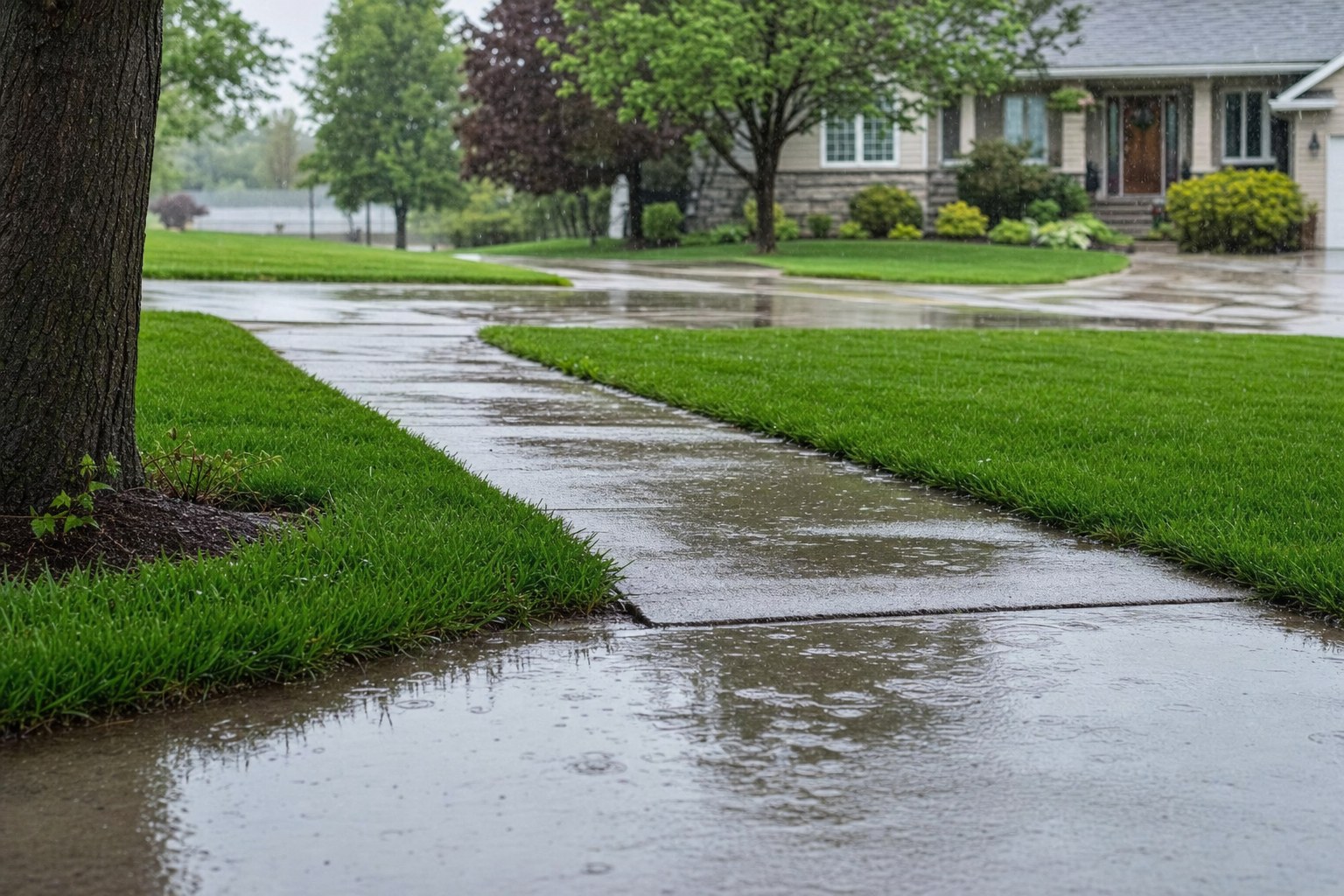 Rain falling on a green lawn with puddles across a neighborhood sidewalk