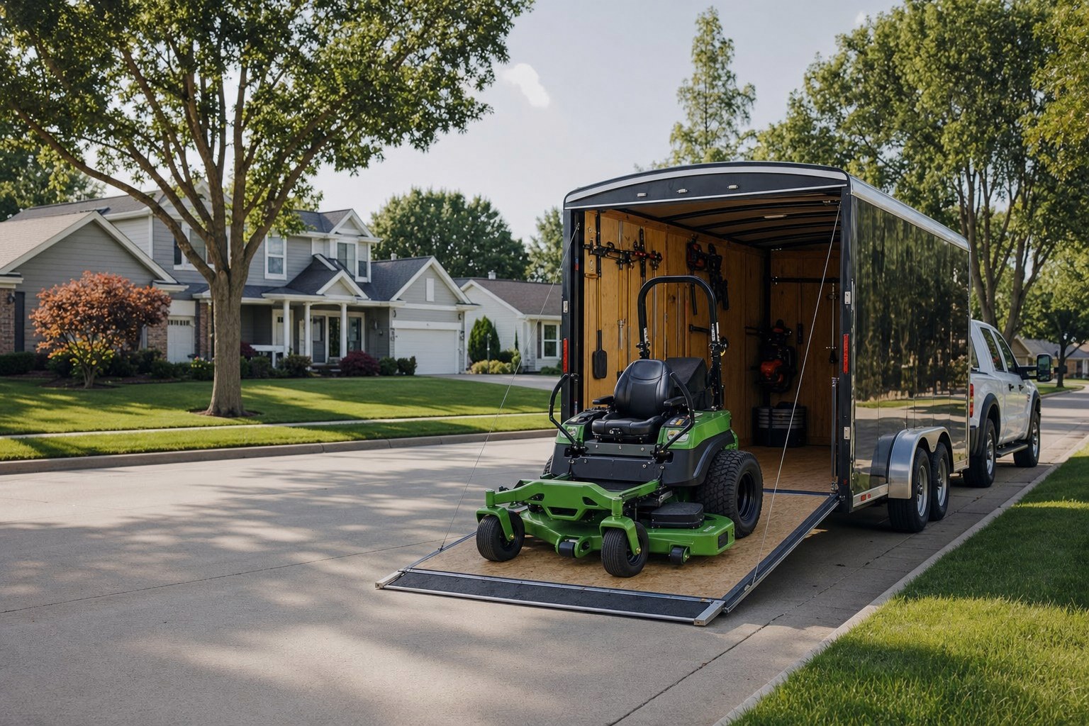 A lawn-care trailer and equipment ready for work